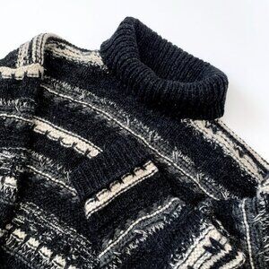 Vintage Giordano Wool Sweater Cowl Neck Striped Black White Fisherman Nordic